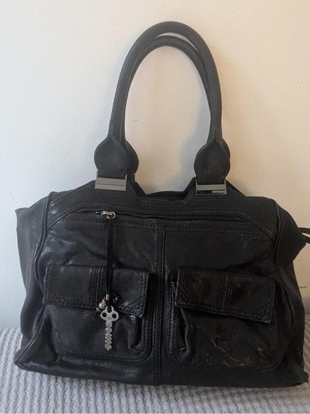 Diesel Black Leather Double-Handle Shoulder Bag with Front Pockets